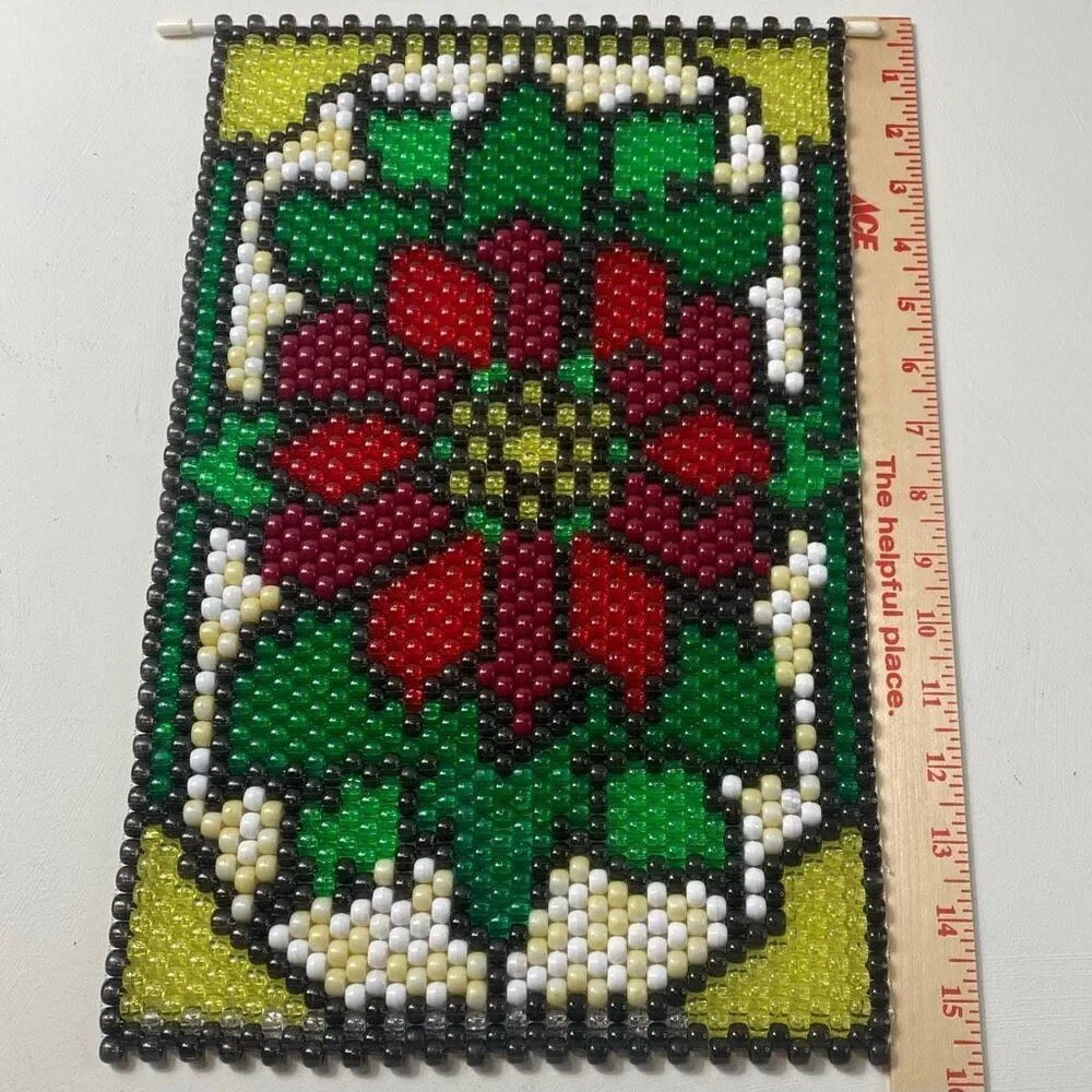 Beaded Floral Wall Hanging Tapestry Boho Folk Art Decor 10x15